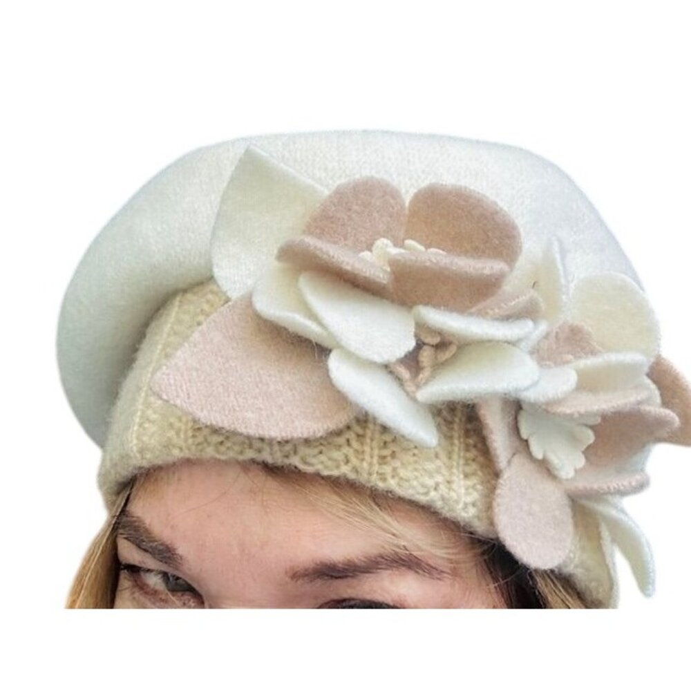 Women Wool Flower French Artist Beret Hat Beige &Tan with Felt Flower Design